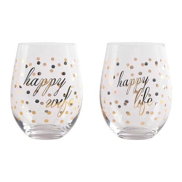 Other - Happy Life Happy Wife Stemless Wine Glass gold dot
